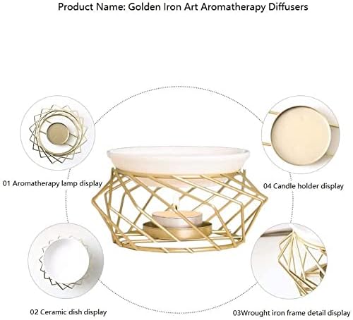 Warmself Golden Essential Tealight Oil Burner Ceramic and Iron Wax Melter Candle Warmer Candle Holder Aroma Diffuser for Home Bedroom Living Room Gifts & Décor