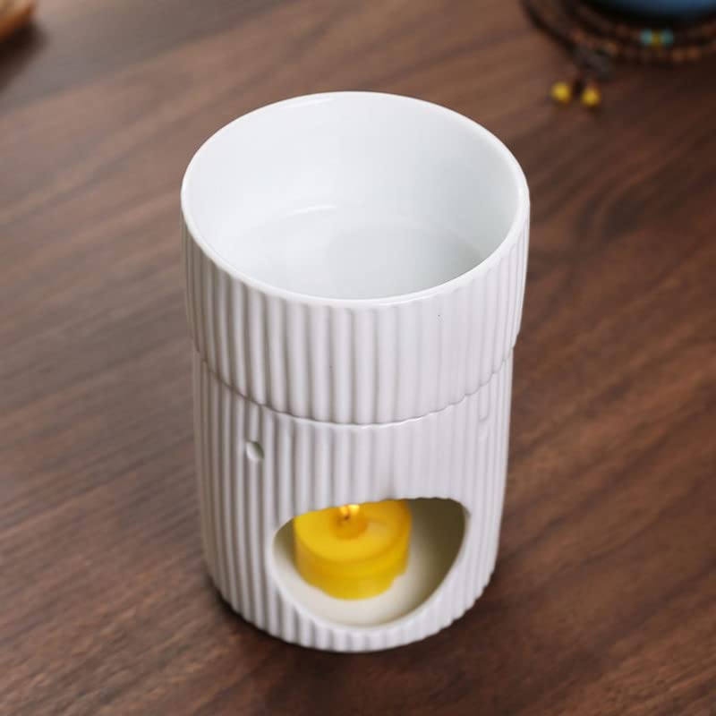 Stylish Stripe Design Ceramic Tealight Candle Holder Oil Burner, Essential Oil Incense Aroma Diffuser Furnace Home Decoration Romantic White
