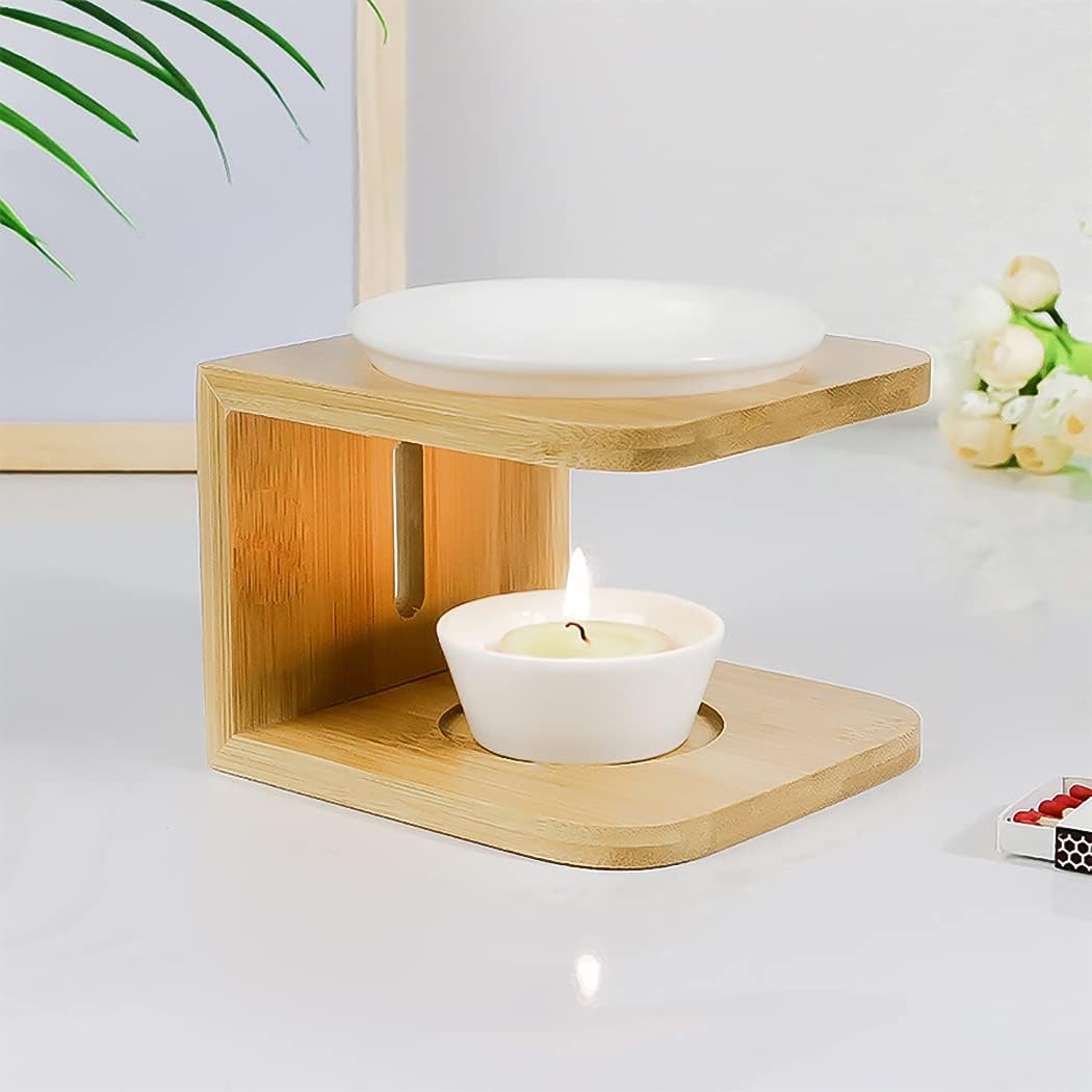 Ceramic Essential Oil Burner,Wax Melt Warmer with Tea Light Holder, Fragrance Diffuser for Spa Yoga Meditation (Bamboo Wood)