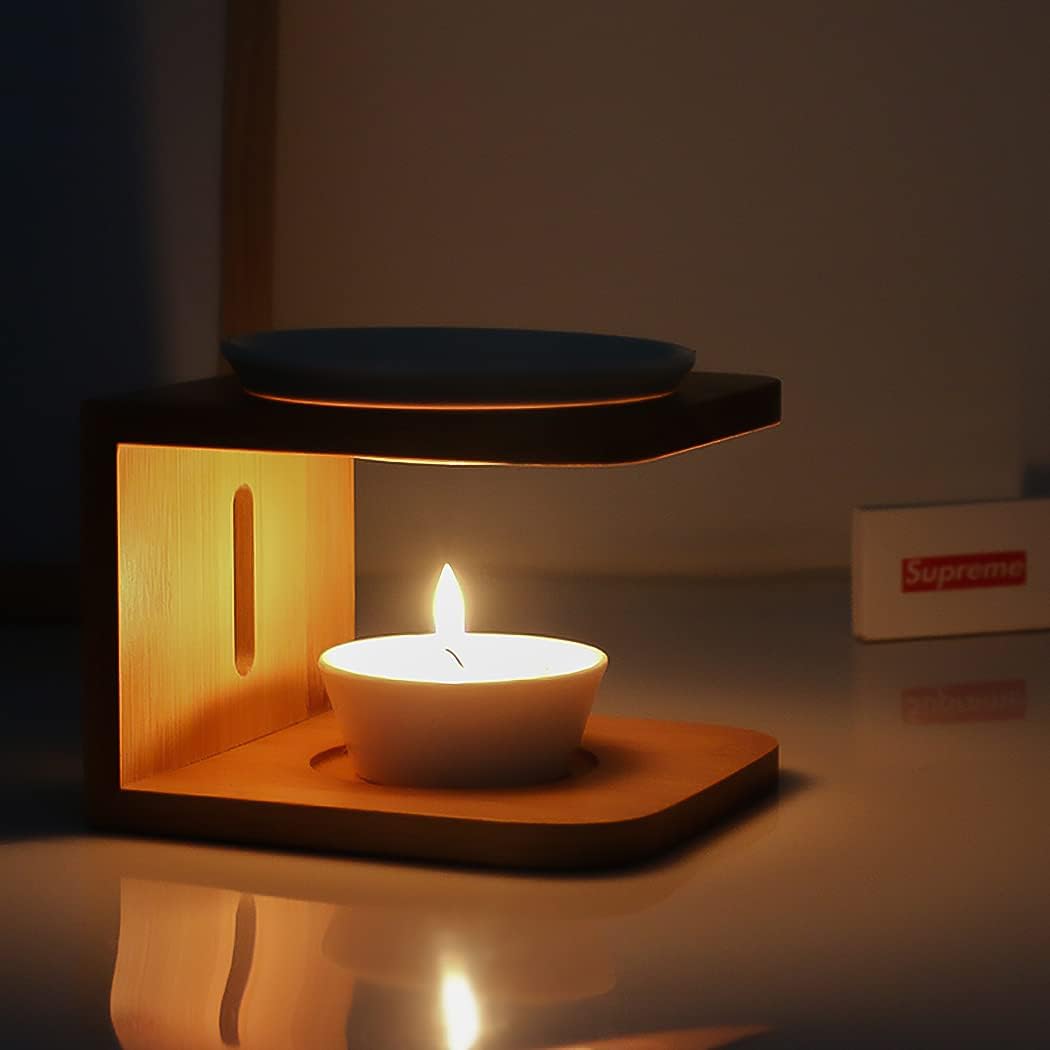 Ceramic Essential Oil Burner,Wax Melt Warmer with Tea Light Holder, Fragrance Diffuser for Spa Yoga Meditation (Bamboo Wood)