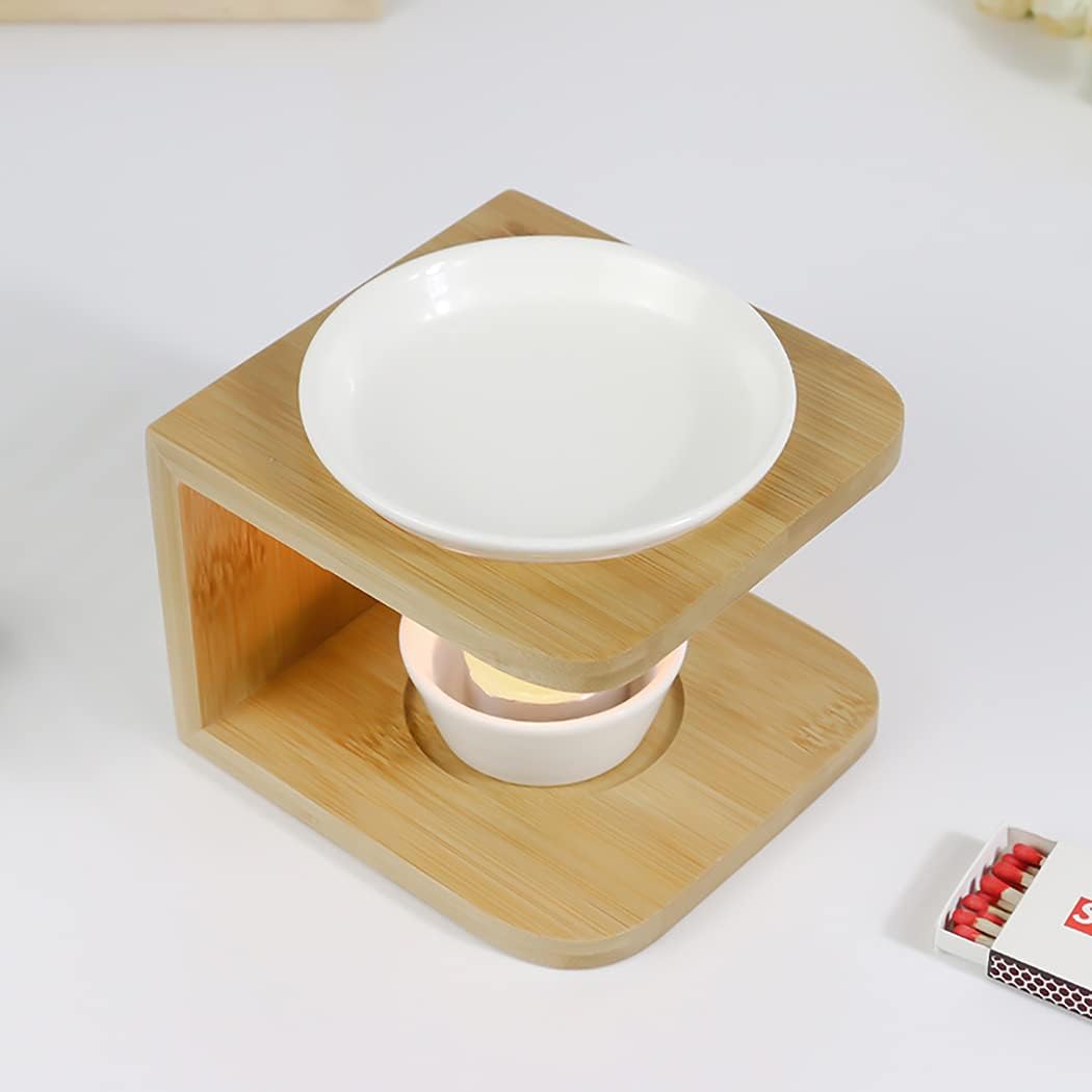 Ceramic Essential Oil Burner,Wax Melt Warmer with Tea Light Holder, Fragrance Diffuser for Spa Yoga Meditation (Bamboo Wood)