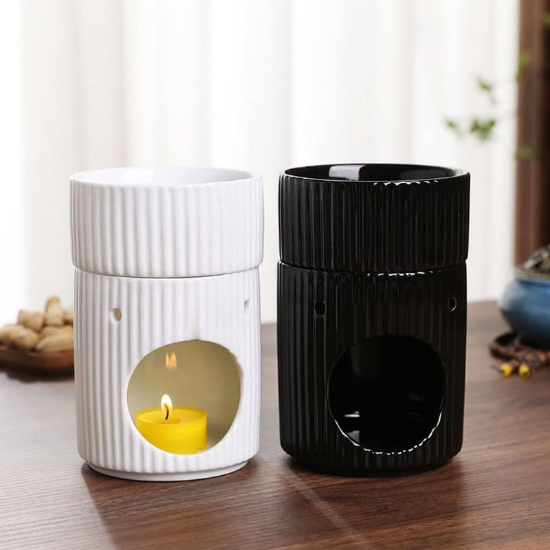 Stylish Stripe Design Ceramic Tealight Candle Holder Oil Burner, Essential Oil Incense Aroma Diffuser Furnace Home Decoration Romantic White