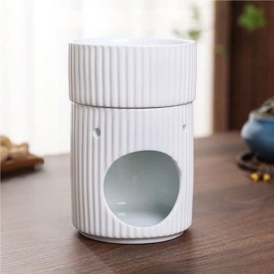 Stylish Stripe Design Ceramic Tealight Candle Holder Oil Burner, Essential Oil Incense Aroma Diffuser Furnace Home Decoration Romantic White