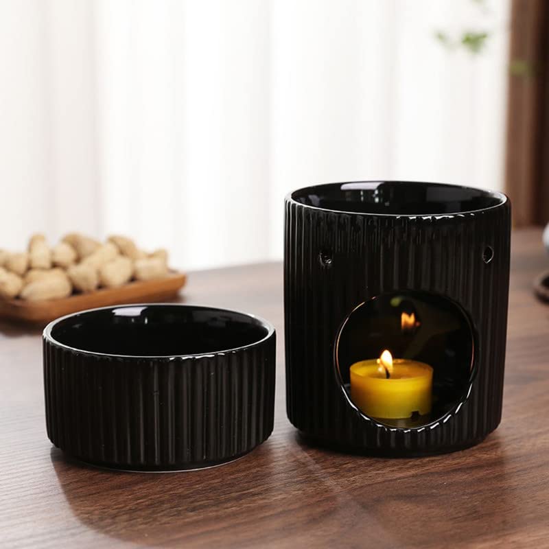 Stylish Stripe Design Ceramic Tealight Candle Holder Oil Burner, Essential Oil Incense Aroma Diffuser Furnace Home Decoration Romantic White