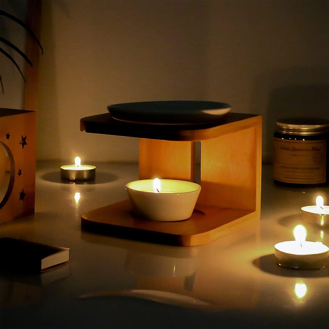 Ceramic Essential Oil Burner,Wax Melt Warmer with Tea Light Holder, Fragrance Diffuser for Spa Yoga Meditation (Bamboo Wood)