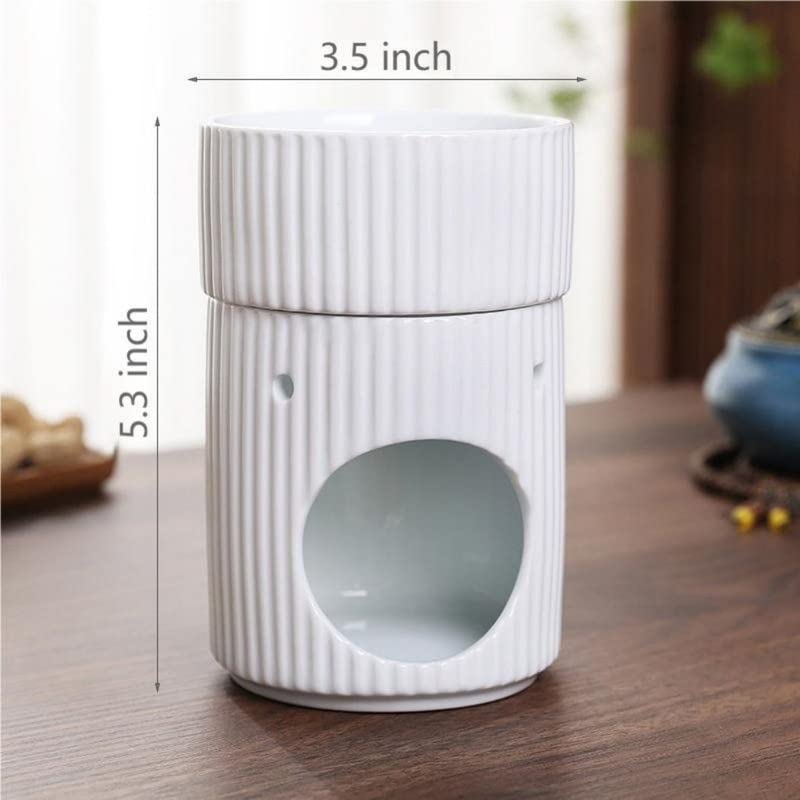 Stylish Stripe Design Ceramic Tealight Candle Holder Oil Burner, Essential Oil Incense Aroma Diffuser Furnace Home Decoration Romantic White